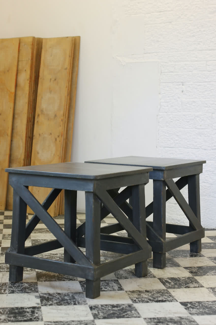 pretty cross framed grey-blue sofa side tables in pine and finished with an old look, the tables can be made to any length & depth.